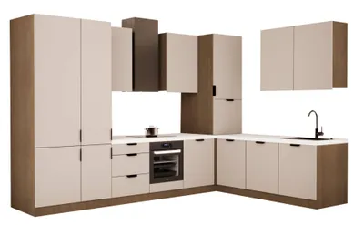 Produktbild von Winkelküche 340 x 240 cm Viel Stauraum Küchenzeile Küchenblock Ohne E-Geräten Einbauküche, Sorento KS4-M340 Beige/Dunkle Eiche