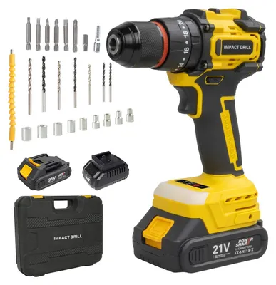Image de Perceuse-visseuse à percussion sans fil - 21V, moteur sans balais - Couple de 45 Nm - 2 vitesses - Mandrin de 10 mm - 1 batterie, prise secteur EU