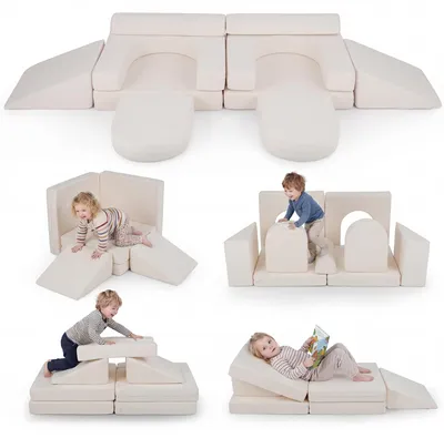 Zdjęcie produktu dla COSTWAY 10-częściowa modułowa sofa do zabawy z zdejmowaną i nadającą się do prania tapicerką ze zamszu, rozkładana sofa dla dzieci, klocki z pianki dla dzieci od 3 lat, beżowa