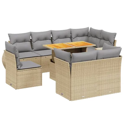 Produktbild von vidaXL 9-tlg. Garten-Sofagarnitur mit Kissen Beige Poly Rattan