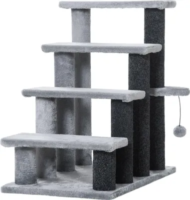 Produktbild von Katzentreppe 4-stufige Haustiertreppe mit Kratzsäulen Ball Hundetreppe Tiertreppe für Katzen Plüsch Jute Grau 60 x 40 x 64 cm