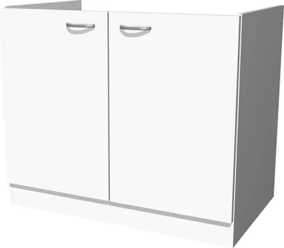 A white kitchen cabinet with two doors and silver handles.