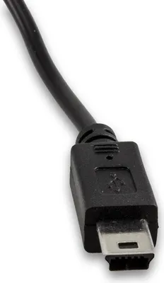 A close-up of a black USB cable with a mini-USB connector.