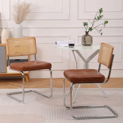 Produktbild von 2er Set Esszimmerstühle Rattan Brown Modern Polster Kunstleder Metall Stuhl Retro