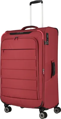 A red suitcase with a telescopic handle and wheels.