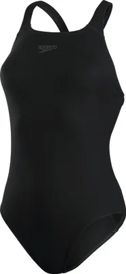 A black Speedo one-piece swimsuit for women, shown from the front.