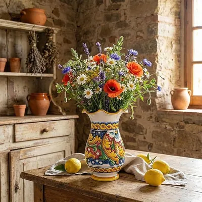 Imagen del producto de Silecomplaza: Jarra de cerámica siciliana grande, decorada con motivos en amarillo, rojo y azul, representando a San Esteban de Camastra, con una flor roja. Modelo 16
