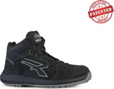A black high-top safety shoe with a gray sole and a gray logo on the side. A red circular stamp with the text "INTELLECTUAL PROPERTY PATENTED" is in the top right corner.