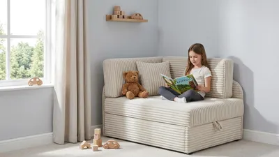 Produktbild von Kindersofa DENIS Idylla – mitwachsend, Cordstoff in Beige, Family Meble, KI-generiertes Bild