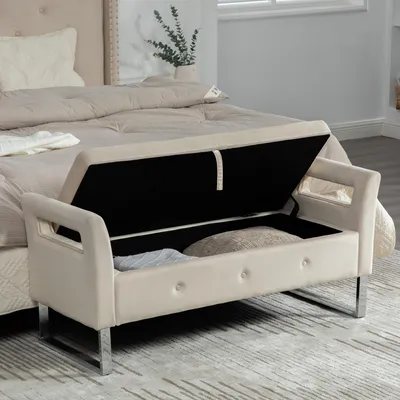 Produktbild von okwish Sitzbank Samt Stauraumhocker mit Armlehnen Verstecktem Stauraum Weicher Polsterung Für Wohnzimmer und Schlafzimmer Beige