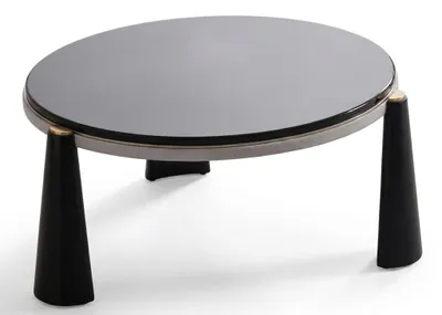 Image de Table basse moderne, ronde, noire, en verre et en acier inoxydable, idéale pour le salon. Table d'appoint
