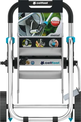A product shot of a metal hose reel cart.