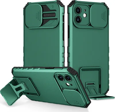 Image de Étui pour iPhone 12 étui de protection militaire double couche avec support et protection coulissante de l'appareil photo vert