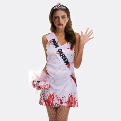 Produktbild von Halloween-Kostümset „Spukbraut“ mit Gothic-Hochzeitskleidung mit Blumenstrauß und Krone, Zombie-Verkleidungszubehör für Partys und Veranstaltungen