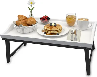 Immagine prodotto di Vassoio da letto Relaxdays, bambù, A x L x P: 20 x 50 x 30 cm, vassoio da portata con piedini e manici, per la colazione a letto, bianco/grigio