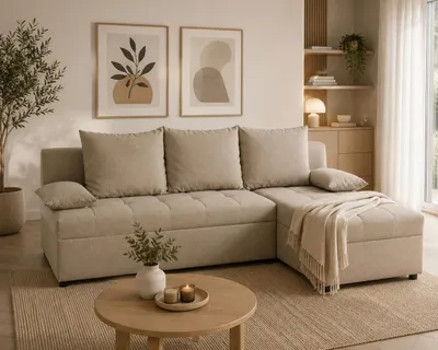 Produktbild von Ecksofa NERO L-Form, Universal, Modernes Bettsofa mit Schlaffunktion und Bettkasten, Schlafsofa, Couch beidseitig montierbar, BEIGE - SAWANA 17, KI-generiertes Bild