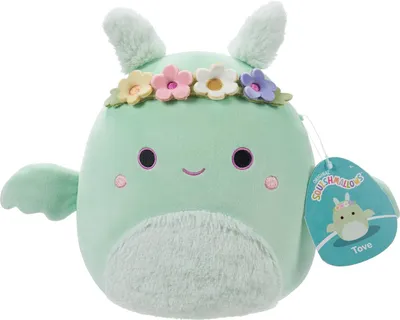 A mint green Squishmallow plush toy named Tove, wearing a flower crown, is shown against a white background. A product tag is attached to its side.