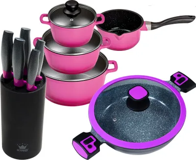 Produktbild von 11tlg. KING Vorteilsset BERRY: 4tlg. Kochtopfset Aluguss Berry, 3xKochtöpfe in Ø16,Ø20,Ø24cm, 1xStieltopf Ø16cm + 6tlg. Messerset CARBON BERRY LINE, 5 Messer plus Messerblock + Ø28cm Servierpfanne ca. 7.5cm hoch Click-Grip Aluguss