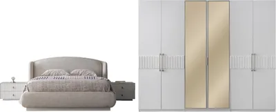 Produktbild von Modernes Schlafzimmer Set Bronz Beige mit gepolstertem Kopfteil und LED-Beleuchtung