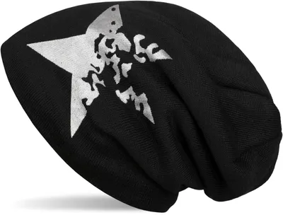 Produktbild von styleBREAKER warme Feinstrick Beanie Mütze mit Vintage Stern Print und sehr weichem Innenfutter, Slouch Longbeanie, Uni 04024088