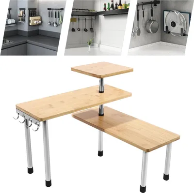 Produktbild von 3-stöckiges Gewürzregal aus Bambus - Drehbares Eckregal - 360° rotierend - Mit 4 Haken - Arbeitsplatten-Organizer Küche/Kaffee - Holzfarbe