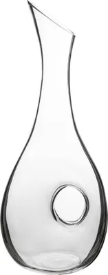 A clear glass carafe with a unique design, presented against a white background.