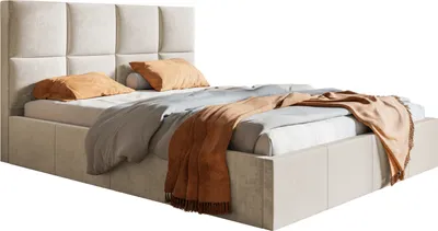 A bed with bedding and pillows, shown against a white background.