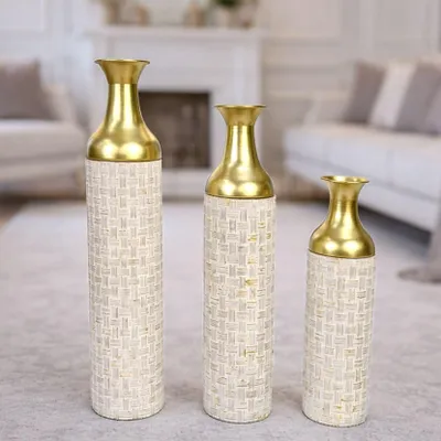 Produktbild von Leewadee Bodenvasen 3er Set - Hohe Metall Deko Vasen in gold