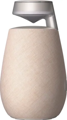 A product shot of a beige LG XBOOM Go DXO2T Bluetooth speaker.