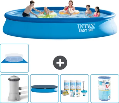 Produktbild von Intex runder aufblasbarer Easy Set-Schwimmpool – 457 x 84 cm – Blau – inklusive Pumpe Abdeckung - Wartungspaket - Filter - Bodenplane