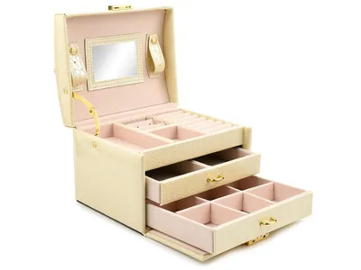 Produktbild von Schmuckkästchen Schmuckbox Schmuckschatulle Beige mit Spiegel & Schubladen