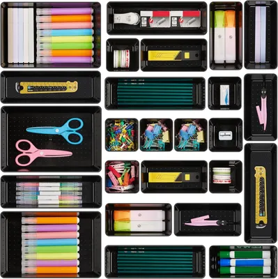 Productafbeelding van Set van 25 zwarte kunststof ladeorganizers in 4 maten, stapelbaar