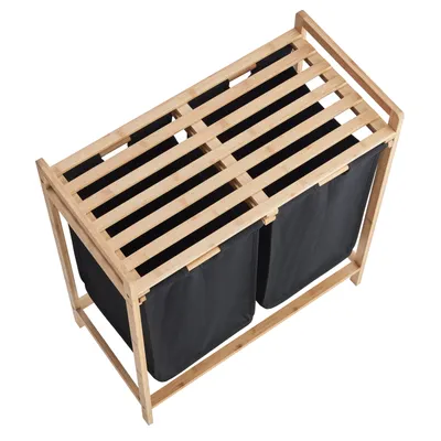 Produktbild von Wäschekorb mit 2 ausziehbaren Wäschesäcken - Wäschesortierer - 44 Liter - Bambus - 64,5x73,5x33 cm - Schwarz