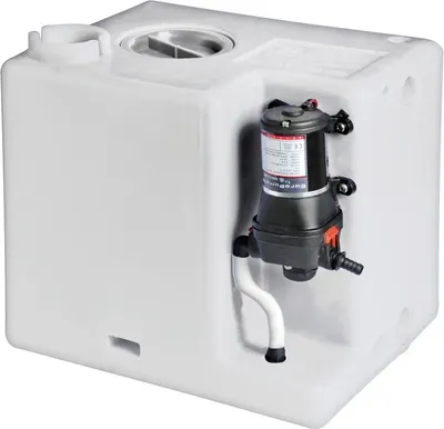 A white water tank with a black pump attached to the side.