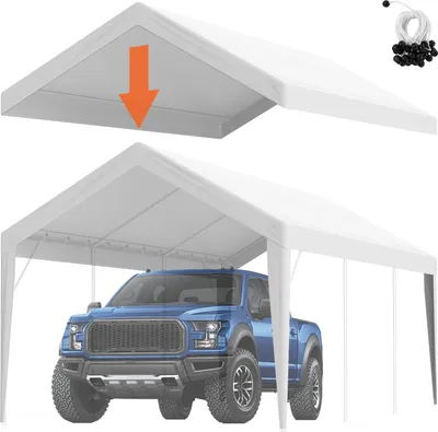 Image de Tente de garage Carport, 3 x 6 m, tente de garage, étanche à l'eau et protégée contre les UV, installation facile avec des sangles, blanc (couverture de toit uniquement, cadre non fourni)