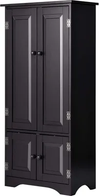 A black, four-door storage cabinet with two doors on top and two doors on the bottom.