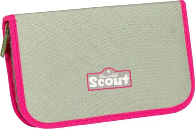A closed pencil case with a pink trim and a logo on the front.
