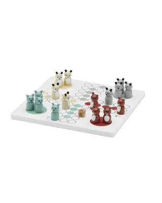 A wooden board game with colorful pawns.