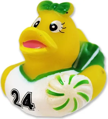 Immagine prodotto di Papera di gomma da cheerleader con body verde - circa 5 cm