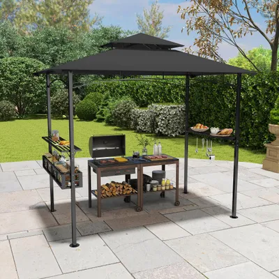 Productafbeelding van ACXIN Zwarte, multifunctionele grilloverkapping met opbergruimte, zonwering, eenvoudige montage, praktische planken en een mand voor grillaccessoires, geschikt voor gebruik buitenshuis