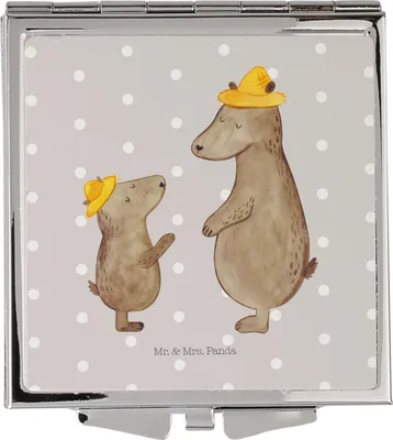 Produktbild von Mr. & Mrs. Panda Klappbarer Spiegel Bären mit Hut - Grau Pastell - Geschenk, Kleiner, Mini, Taschenspiegel, Papa, Kosmetikspiegel, Muttertag, Quadratischer, Vatertag