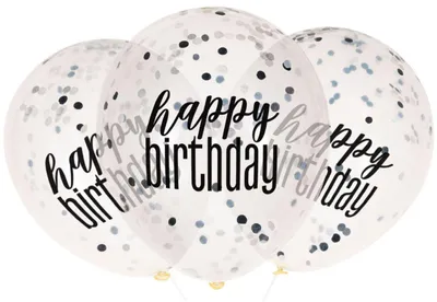 Produktbild von 6 Konfetti Luftballons schwarz & silber Happy Birthday