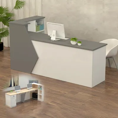 Obrázok produktu pre Pult pre recepciu, predajný pult, drevený pult s úložným priestorom, šedá a biela farba, rozmer 300x60x100 cm