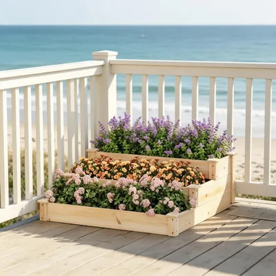 Image de Escalier pour jardinière surélevée en bois massif à 3 marches, jardinière et bac à fleurs pour jardin, balcon ou terrasse, résistant aux intempéries, finition naturelle, 92 x 92 x 35 cm