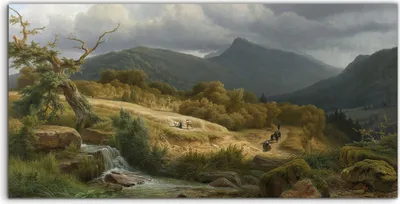 Immagine prodotto di Coloray, quadro acrilico 100x50. Dipinto su tela, raffigurante un paesaggio montano lussureggiante con una cascata