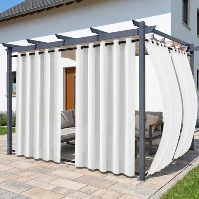 Produktbild von Outdoor Vorhang Extra Breit Blickdicht Wetterfest mit Ösen und Schlaufen Wasserdicht Gardine für Terrasse Pavillon Balkon, Weiß, B180xH213cm