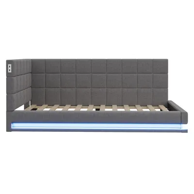 Produktbild von Flieks Polsterbett 90x200cm mit USB & LED, Tagesbett Schlafsofa mit Lattenrost, Einzelbett Jugendbett Gästebett Daybett Funktionsbett, Leinen, Grau
