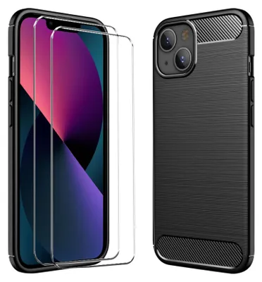 Produktbild von 2in1 Schutz Cover Set für das Apple iPhone 13 besteht aus 2x 9H Glas Folie Display Schutzfolie und 1x Silikon Case Schutzhülle - Hülle in Schwarz