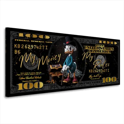 Produktbild von My Money My Rules Duck 100 Dollar Leinwandbild Wandbild Kunstdruck XL Wanddeko: 50x20x2cm