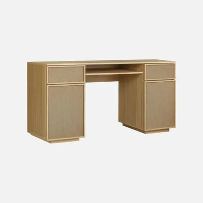Produktbild von sweeek - Schreibtisch mit Holzdekor und Stoff 2 Türen 2 Schubladen 1 Fach 140cm - Natur